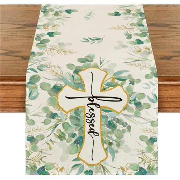 Easter Table Runner Blessed Cross Spring Summer Decor Farmhouse Decorative Cloth - Picture 1 of 4